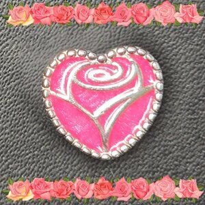 Heart-Shaped Sterling Silver Charm With‎ Pink Rose Design (NWOT)